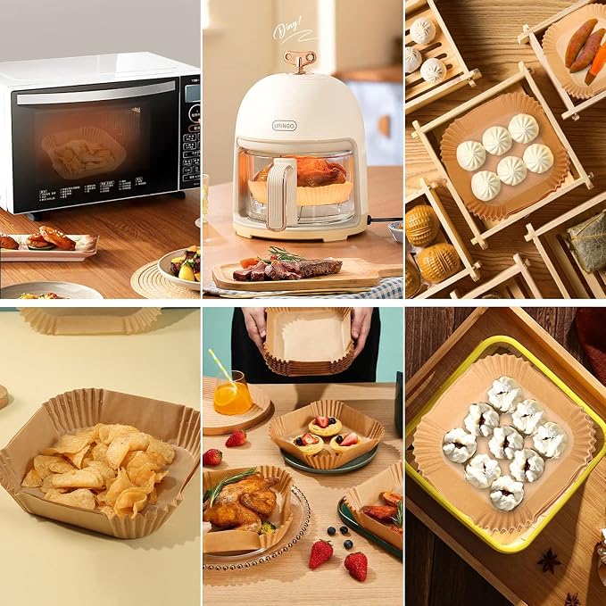 Air Fryer Disposable Paper Liners - 125Pcs 6.5In Square Parchment Paper Non-Stick Airfryer Basket Liners for Steamer Microwave Oven