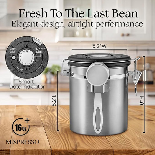 Mixpresso 16 Oz Stainless Steel Coffee Canister with Scoop – Airtight Coffee Container with CO2 Valve for Bean Storage, Date Tracker Lid