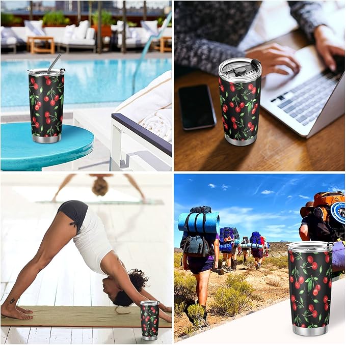 Tumbler Summer Vivid Cherry Leaf Insulated Office Coffee Cup Back to School Beverage Container Travel Mug with Straw and Lid Double Wall Stainless Steel 20oz