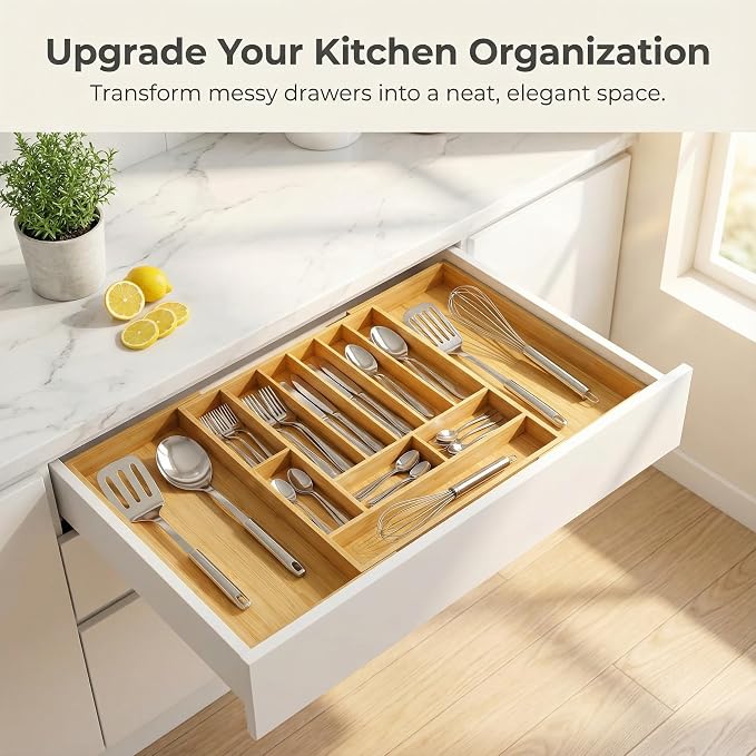 33" Expandable Bamboo Utensil Drawer Organizer | Solid Bamboo, Expands to 33" Wide, 11 Custom Compartments, Sorts Flatware & Utensils, Fits Kitchen or Office Drawers