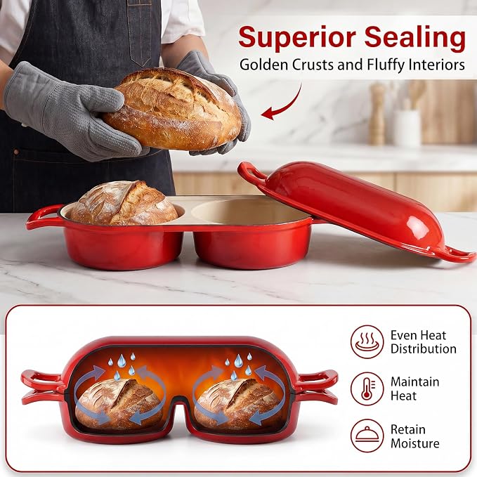 Enameled Cast Iron Dutch Oven Bread Baking, Sourdough Bread Pot with Lid, Double Round Nonstick Loaf Pan for Homemade Bread, Oven Safe to 500°F, 16.5cm Diameter, Red