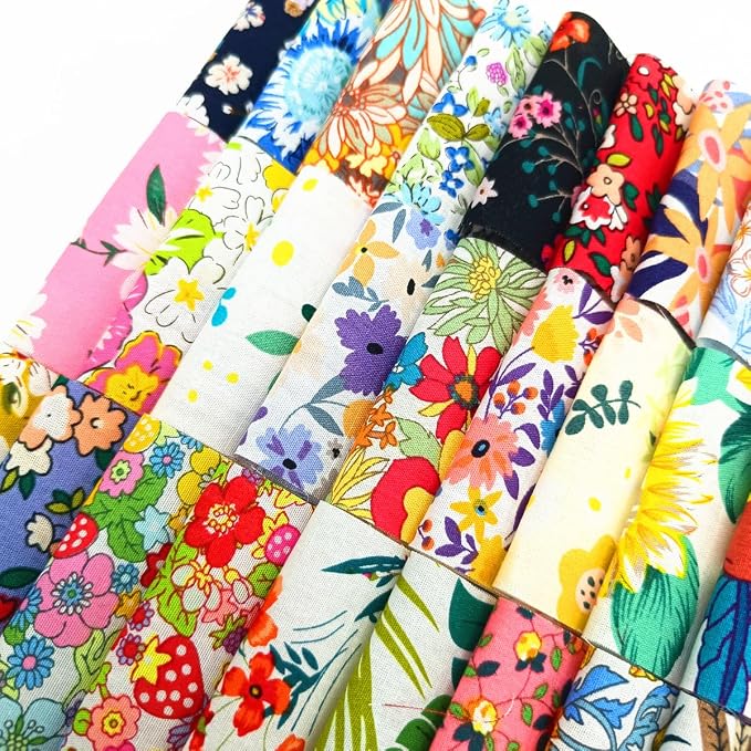 7 pcs 20" x 20" Cotton Fabric DIY Making Supplies Quilting Patchwork Fabric Fat Quarter Bundles DIY for Quilting Cotton Patchwork Cushions (Flowers, 2.4" x19")