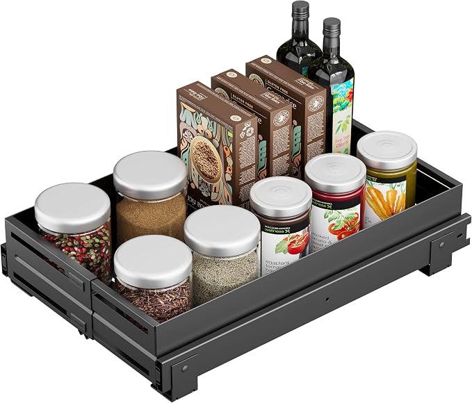 Pull Out Cabinet Organizer, Expandable Width 8"-13", Heavy Duty Metal Slide Out Drawers for Cabinets, Expandable Cabinet Pull Out Shelves for Kitchen, Pantry, Bathroom, Black