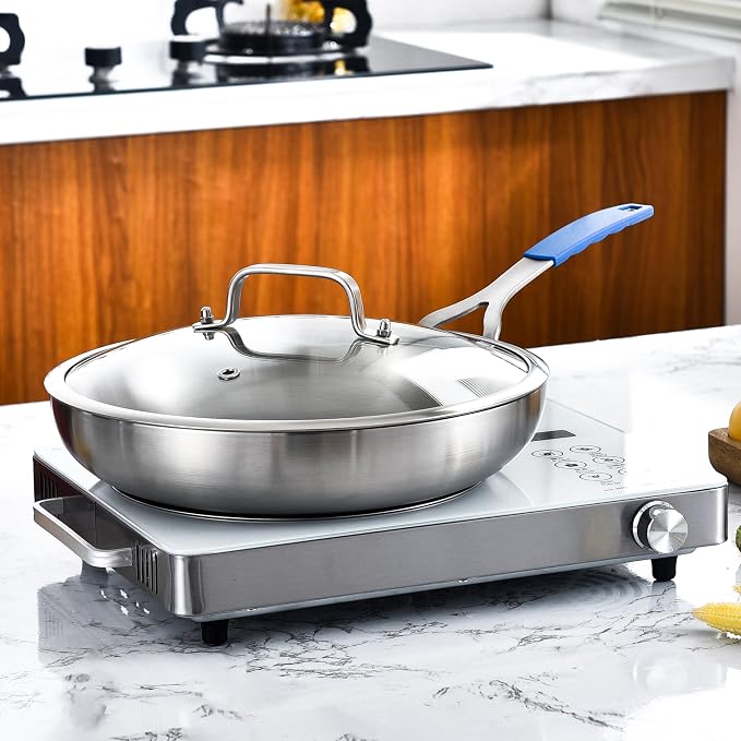 Inqibee 8.5-10-12 Inch Tri-Ply Stainless Steel Frying Pan Set with Lids, Skillets, Induction Chef's Cooking Pans, Pots and Pans Set, Dishwasher Safe and Detachable Handle