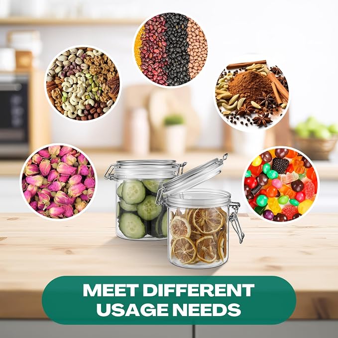 Suclain 6 Pcs 17 Oz/500ml Plastic Storage Jars with Airtight Hinged Lids, Clear Wide Round Mouth Food Storage Containers Empty Bottles Sealed Jars for Home Kitchen Candy Herbs Spices Coffee Nuts