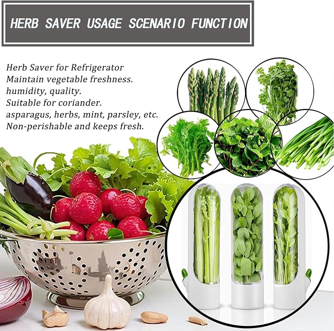 Herb Saver for Refrigerator, Herb Saver Pod Cilantro Containers for Refrigerator, Fresh Herb Keeper for Cilantro, Parsley, Asparagus, Mint, Keeps Vegetables for 2-3 Weeks (3PCS)