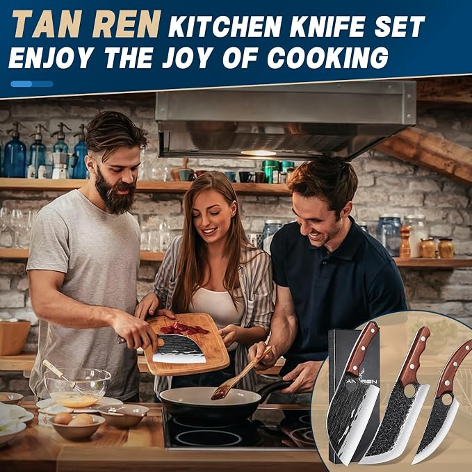 TAN REN 3PCS Butcher Knife Set for Meat Cutting, Hand Forged Meat Cleaver Knives with Wood Handle, Grilling Knife Set for Men