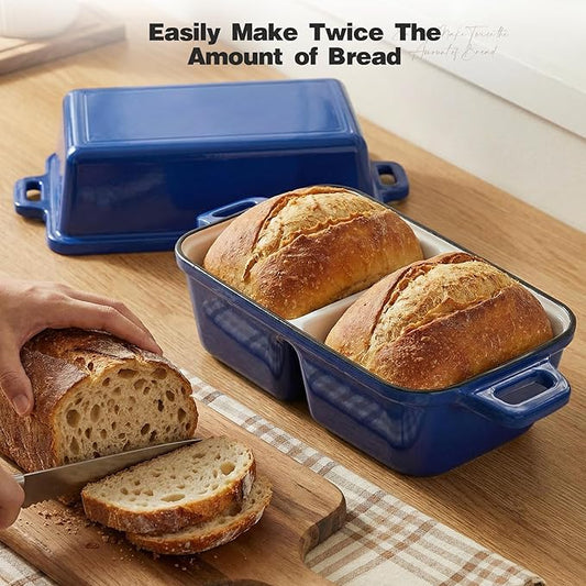 Double Dutch Oven for Sourdough Bread Baking,Enameled Cast Iron Dutch Oven with Lid,Double-Chamber Square Mini Sourdough Loaf Pan for Homemade Bread,Dark Blue(Patent Has Been Applied for)