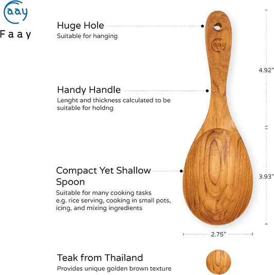 FAAY 9” Rice Paddle, Serving Spoon, Versatile Cooking Spoon – Handcraft from High Moist Resistance Golden Teak Wood | Durable, Healthy, Ergonomic Handle for Non Stick Cookware