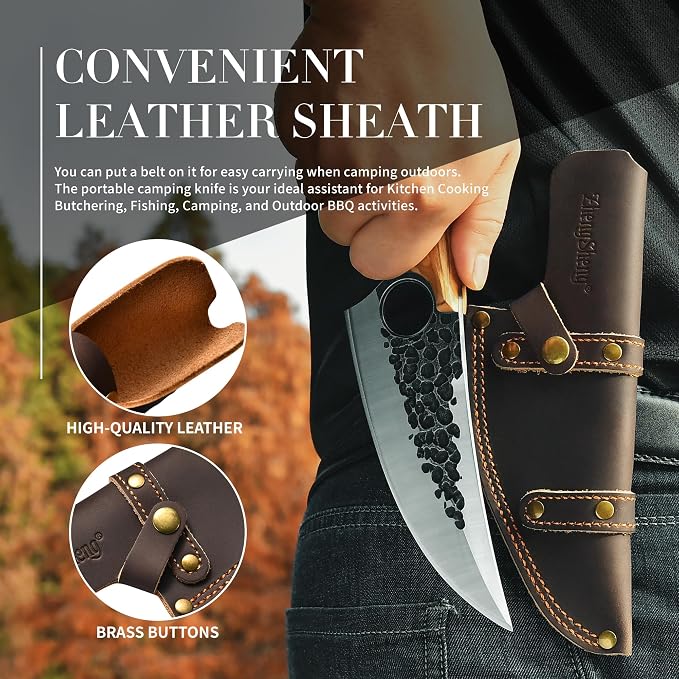 ZhengSheng Forged Viking Kitchen Knife with Olive Wood Grip & Protective Leather Sheath, Perfect for Home Cooking, Camping and BBQ