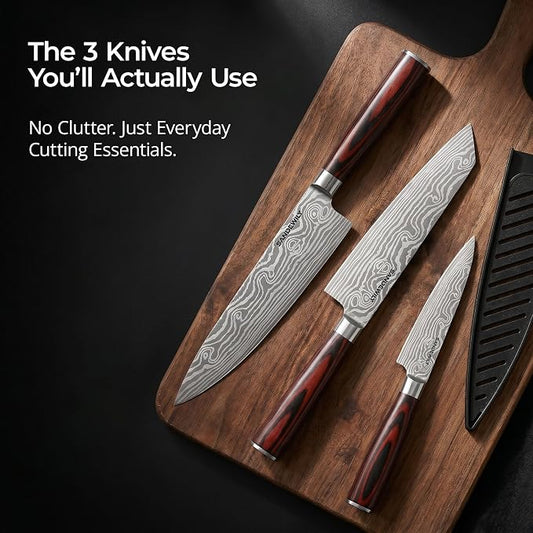 3-Piece Kitchen Knife Set, High Carbon Stainless Steel Sharp Knives with Sheaths - 8" Chef, 7.5" Kiritsuke, 5" Utility Knives for Home Cooks, Cooking, Meat & Vegetables