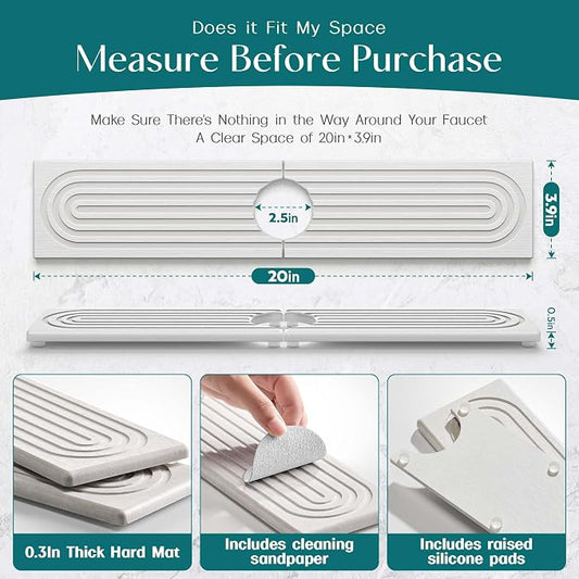 Eormoe Stone Faucet Mat for Kitchen Sink – Diatomite Drying Stone Mat & Sink Protector, Prevents Moisture – Sink Splash Guard Water-Absorbing Stone Tray for Bathroom Counter (Light Grey, 20" x 3.9")