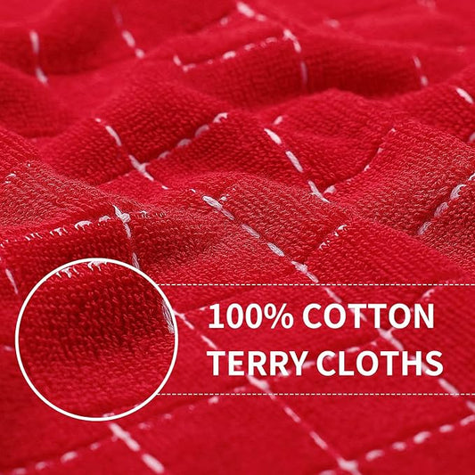 Homaxy 100% Cotton Terry Kitchen Towels(Red, 13 x 28 inches), Checkered Designed, Soft and Super Absorbent Dish Towels, 6 Pack