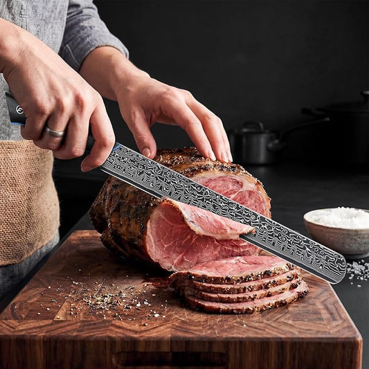 FINTISO Brisket Knife 11.6 Inch, 67-Layer Damascus Steel Carving Knife for Meat, Razor Sharp Japanese Slicing Knives for BBQ Roasts, Turkey, Ergonomic Full Tang G10 Handle - Zeus Series