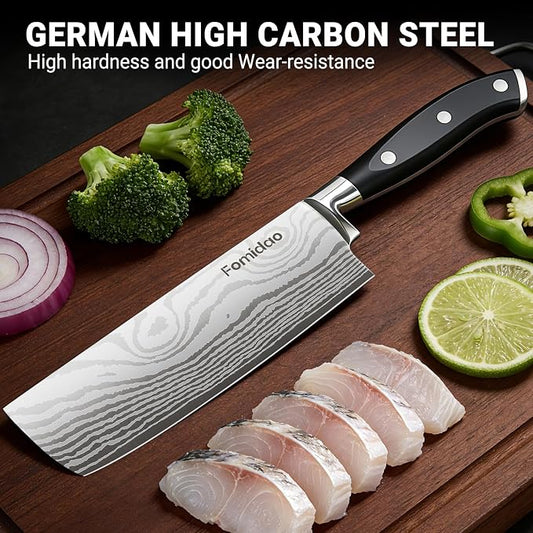 Nakiri Knife 7 Inch, Razor Sharp Meat and Vegetable Kitchen Knife, High Carbon Steel Japanese Chef Knife, Multipurpose Chopping Knife With Full Tang Handle for Home Kitchen Cooking