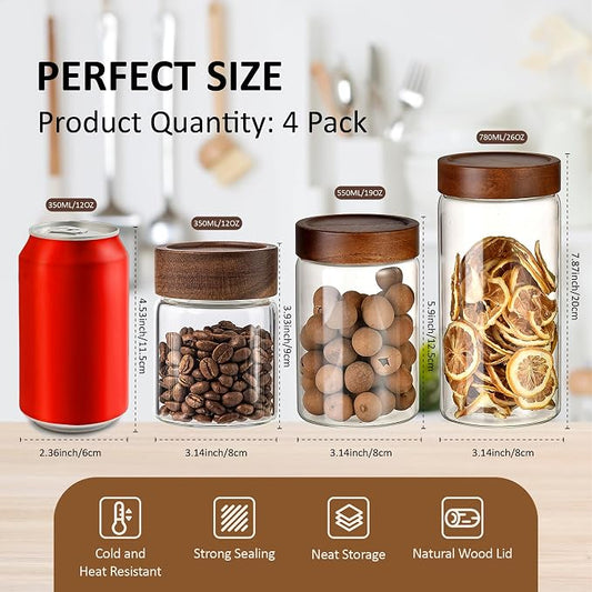 26 oz/850 ml Clear Glass Storage Canister with Airtight Wooden Lid, Small Overnight Oats Containers, Cute Decorative Salad Jar for Snacks Yogurt Spice Sugar Cereal Fruit Coffee Tea -4 Pack