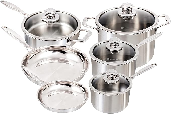 Swiss Diamond Premium Clad 5-Ply Stainless Steel 10 Piece Cookware Set with Satin Exterior Finish, Induction Compatible Stainless Steel Pots and Pans Set - Oven and Dishwasher Safe