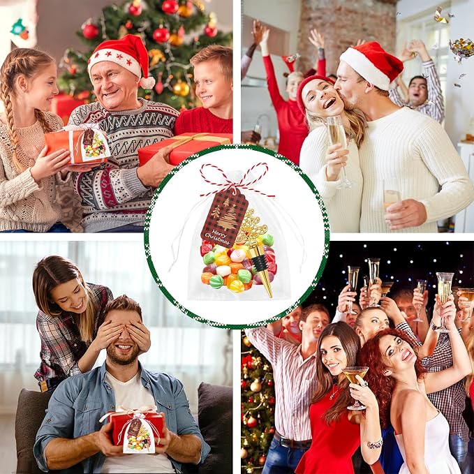12Pcs Christmas Wine Bottle Stoppers Set Xmas Tree Santa Claus Deer Wine Bottle Corkers Christmas Party Favors with Card and Ropes, for Winter Decor Holiday Supplies Wine Accessories Gift for Hostess