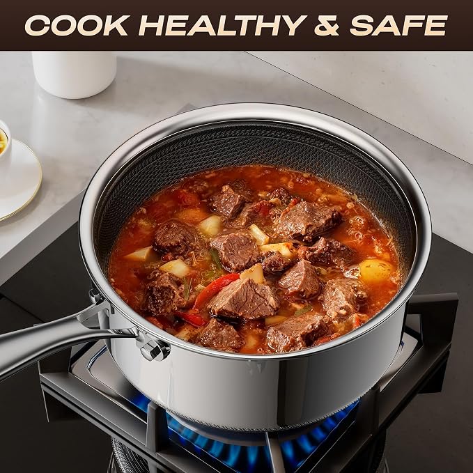 1 Quart Stainless Steel Saucepan with Glass Lid,6 Inch Hybrid Nonstick Sauce Pan,PFAS PFOA PTFE Free,Stay-Cool Handle,Dishwasher-Friendly,Oven-Safe,Small Pots Compatible with All Cooktops