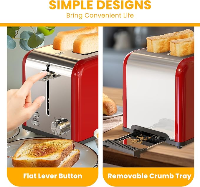 Simple Deluxe 2-Slice Toaster, 6 Browning Setting and 3 Function, Extra Wide Slot & Removable Crumb Tray, for Bread & Waffle, Red