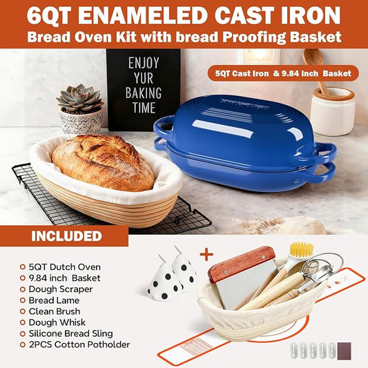 Enameled Cast Iron Dutch Oven for Bread Baking - incl. Sourdough Bread-Baking Supplies like Banneton Bread-Proofing Basket - 5QT Loaf Cast Iron Bread Oven Pan with Lid Meatloaf Pan with Lid, Sour Sough Tools, Lame(Blue)
