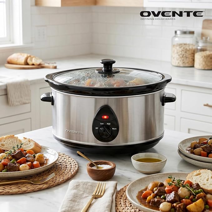 OVENTE Electric Slow Cooker with 3 Cooking Settings, Non-Stick and Dishwasher Safe Stoneware, Stainless Steel Body, Glass Lid, 3.7 Qt Oval Pot for Entrees, Soups, Sauces, Stews & Dips, Silver SLO35ABR