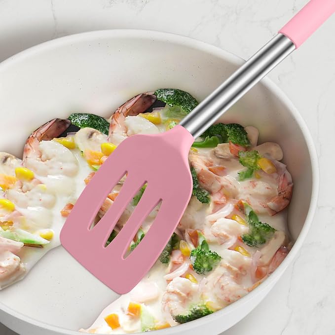 LIANYU Silicone Kitchen Utensils Set of 6, Cooking Utensils Spatula Set for Nonstick Cookware, Heat Resistant Kitchen Gadgets Tools, Stainless Steel Handle, Pink
