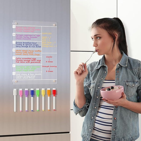 Neatsure Acrylic Magnetic Meal Planner Menu Board for Kitchen Fridge w/ 8 Markers, Clear Refrigerator Weekly Dry Erase Calendar Planning Noteboard to Do/Grocery/Shopping List/Chore Chart/, 12"x9"