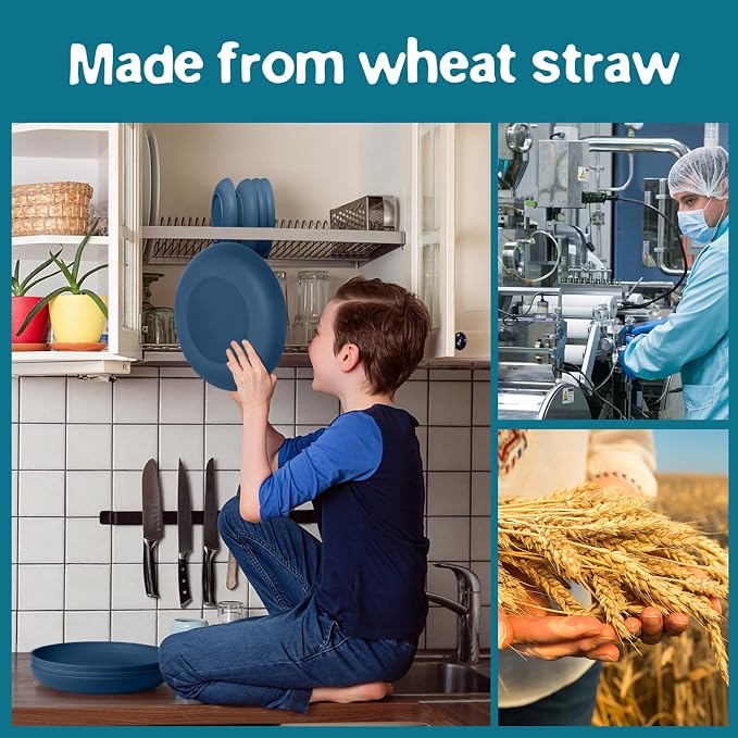 Teivio 32-Piece Kitchen Plastic Wheat Straw Dinnerware Set, Service for 8, Dinner Plates, Dessert Plate, Cereal Bowls, Cups, Unbreakable Colorful Plastic Outdoor Camping Dishes, Autumn Blue