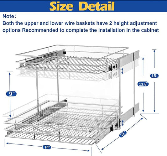 2-Tier Pull Out Cabinet Organizer(14"W X 21"D), Individual Slide Out Basket Kitchen Cabinet Organizer, Cabinet Pull Out Shelves Kitchen Cabinet Organization for Kitchen Pantry, Bathroom, Chrome