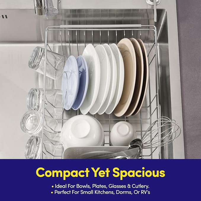 Dish Drying Rack Over the Sink Expandable to 24.5" Dish Drainer β Space-Saving Rectangular Kitchen Extending Drying Station with Utensil Holder, Fits Most Sinks for Easy Dish Organization, Silver