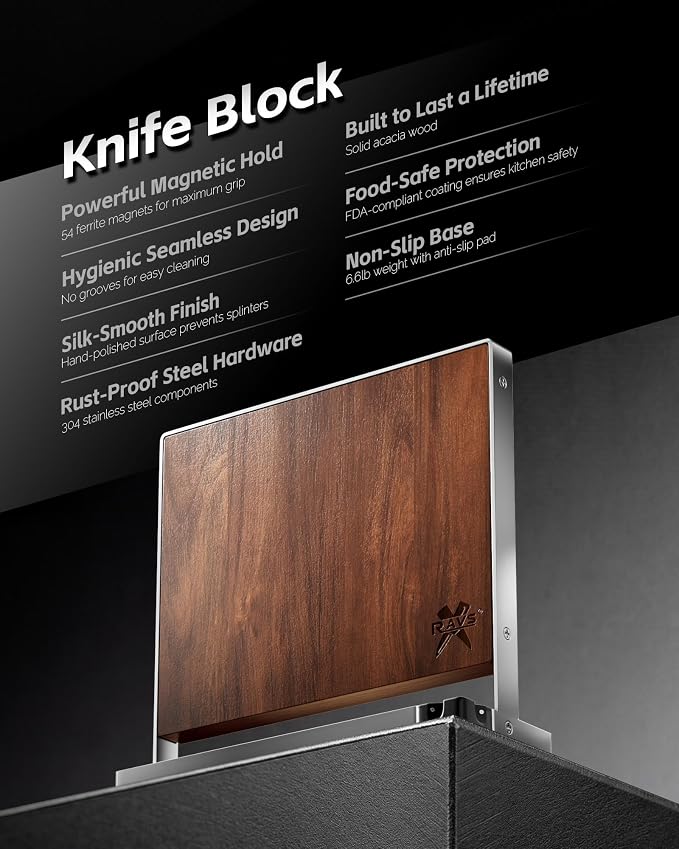 RAVS Magnetic Knife Holder for Countertop, Double-Sided Acacia Wood Magnetic Knife Block with Stainless Steel Frame, Freestanding Knife Storage Rack with Knife Sharpener, Magnetic Knife Holder Stand
