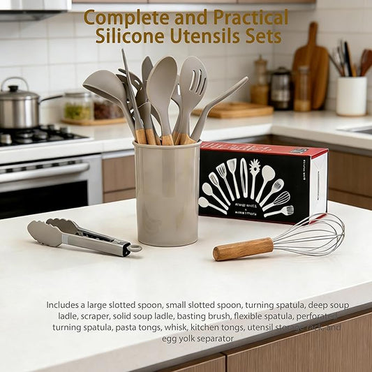 Silicone Cooking Utensils Set - 446°F Heat Resistant Silicone Kitchen Utensils Set, Spatula,Turner Tongs, Spoon, Whisk,Kitchen Gadgets for Nonstick Cookware, BPA Free(Khaki)