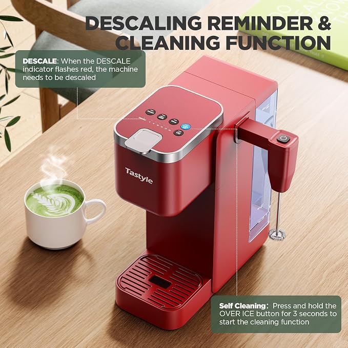 Tastyle 330MF Single Serve Coffee Maker with Built-in Detachable Milk Frother, Iced and Hot Coffee Machine for K Cup & Grounds, 40oz Removable Water Reservoir, 6 Cup Sizes, Fits 7.3" Travel Mug, Red