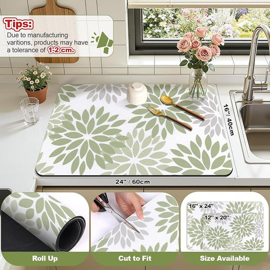 Findosom Floral Dish Drying Mat, 16" x 24" Super Absorbent & Hide Stain Coffee Mat, Cuttable Drying Mat for Kitchen Counter, Under Dish Rack, Coffee Maker, Espresso Machine, Sage Green