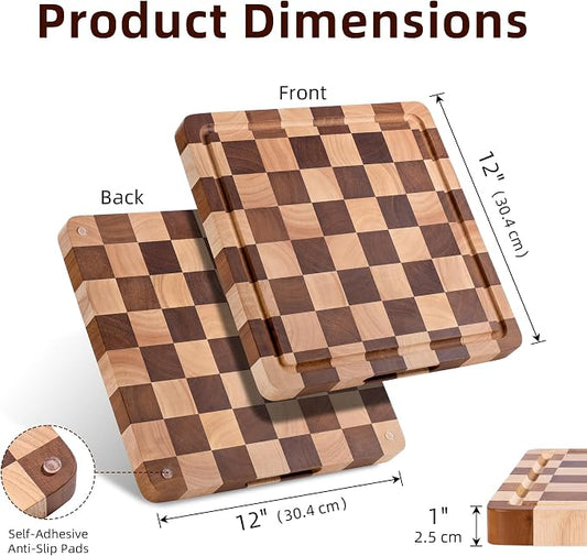Checkered Cutting Board, Square Wooden Checkerboard Cutting Board for Kitchen 12 x 12 x 1", Rubber Wood Butcher Block Chopping Board with Juice Grooves & Handles for Meat, Vegetables & Cheese