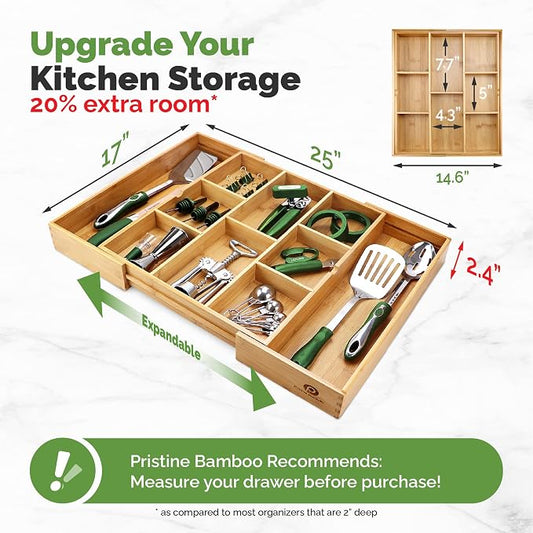 Pristine Bamboo Expandable Drawer Organizers for Kitchen - Extra Deep Non-Slip 17โ x 14.6โ (expands up to 25 inches) - Dark Wooden Silverware Divider (10 Compartments) โ Organize Cooking Utensils