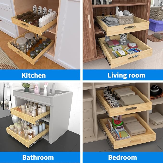 Pull Out Cabinet Organizer, 1PC 15” W x 21” D Soft Close Slide Out Wood Drawer Storage Shelves for Kitchen, Base Cabinet Organization for Pantry, Finished, Heavy-Duty, Bottom Assembly