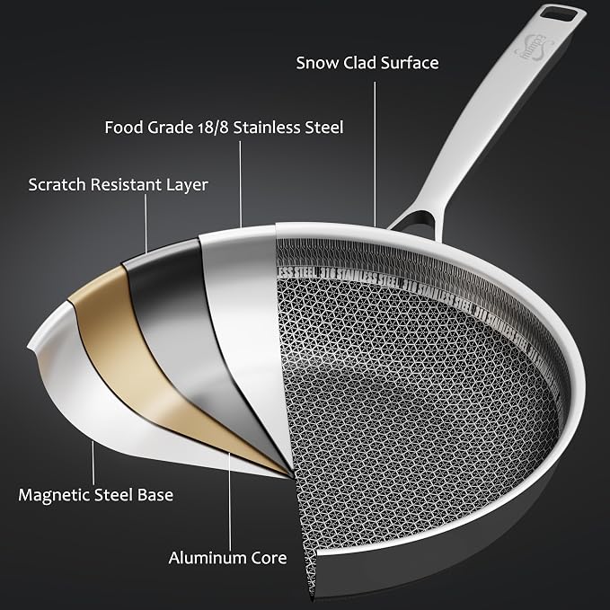 Non Stick Frying Pans, Stainless Steel Pans Tri-Ply Frying Pan with Lid, Non-Toxic PFAS PFOA PTFE Free, Metal Utensil Dishwasher & Oven Safe Induction Compatible (10-inch)