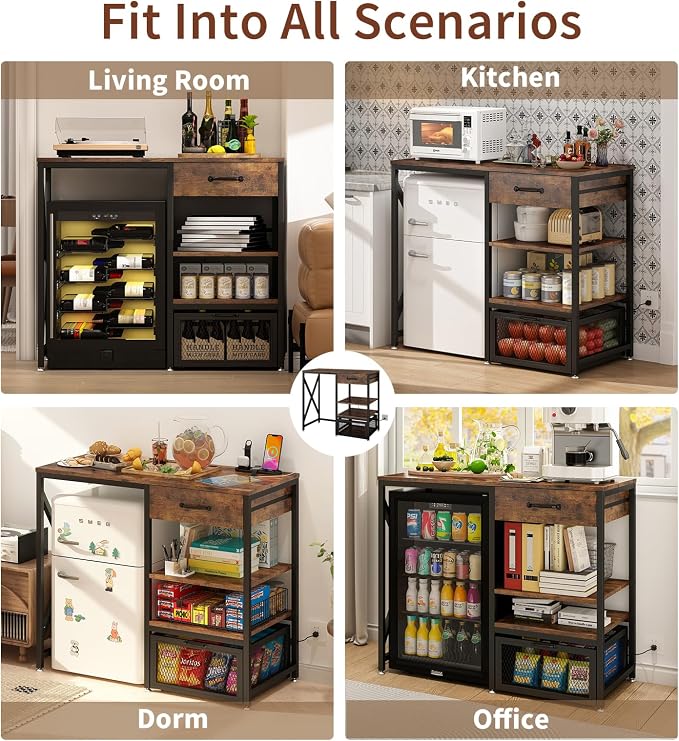 METYERRY Kitchen Bakers Rack with Power Outlet, Microwave Stand with Drawer, Mini Fridge Stand with Adjustable Shelves,Mini Fridge Cabinet Suitable for Dining Room, Dorm,Home, Rustic Brown