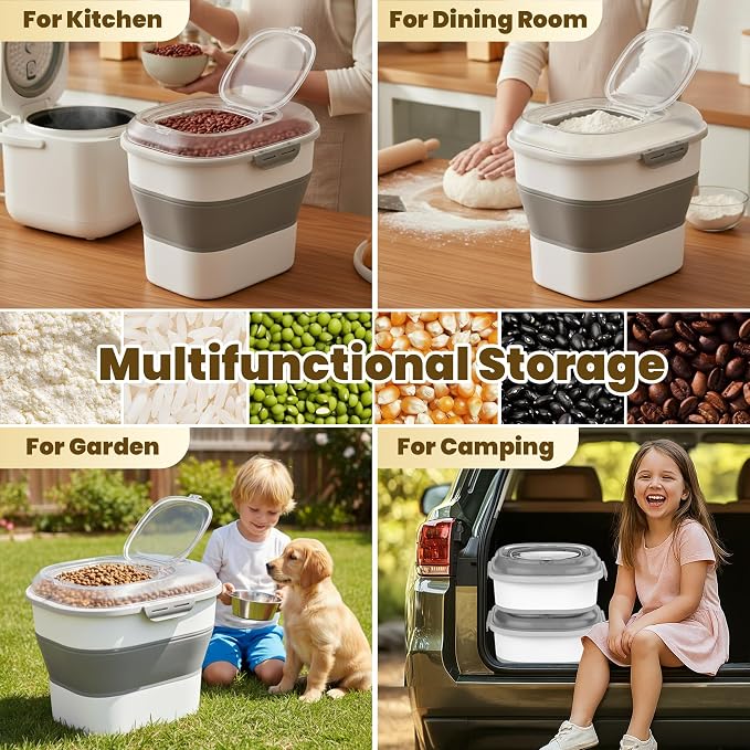 HOYTAMDAR 20-50Lbs Rice Container,Collapsible Food Storage Containers with Airtight Clear Lid,Wheels,Rice Storage Container with Small Bin and Scoop,Rice Dispenser for Dog Cat (Grey2/20-50lbs)