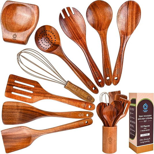 Teak Wooden Utensil Set 10 Piece, Kitchen Cooking Utensils with Holder and Hanging Hooks, Wooden Spoons and Spatulas for Cooking, Sturdy and Lightweight, Heat-Resistant Non-Stick Cookware