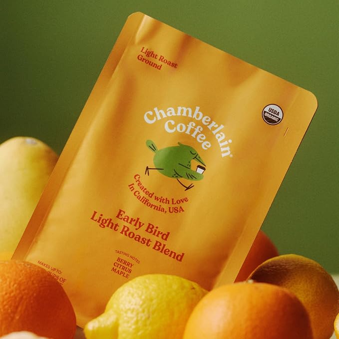 Chamberlain Coffee Light Roast Ground Coffee - USDA Organic Specialty Blend - Smooth & Balanced with Berry, Citrus and Maple Notes - Freshly Roasted - Rich Flavor & No Bitterness - 10 Oz