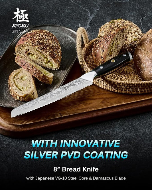 KYOKU 8" Serrated Bread Knife - Gin Series - VG10 Damascus Japanese Style Steel Kitchen Knife with Silver Ion Blade G10 Handle Mosaic Pin, Professional Razor-Sharp Bread Cutting Slicing