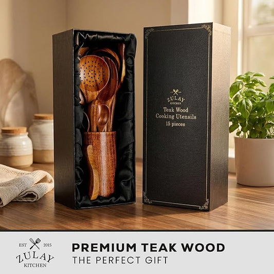 Zulay Kitchen 15-Piece Teak Wooden Utensils for Cooking - Natural Teak Utensil Set with Premium Gift Box - Non-Stick Wooden Spoons for Cooking - Kitchen Gift Set - Comfortable Grip Wooden Utensil Set