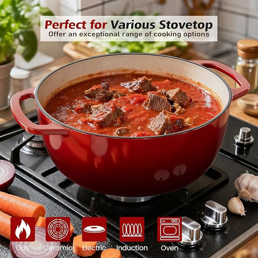 Umite Chef 6QT Enameled Cast Iron Dutch Oven with Lid, Versatile Heavy-Duty Cookware Pot for Baking Bread, Braising, Soups & Stews, Oven & Stovetop Safe with Heat Resistant Gloves(Red)