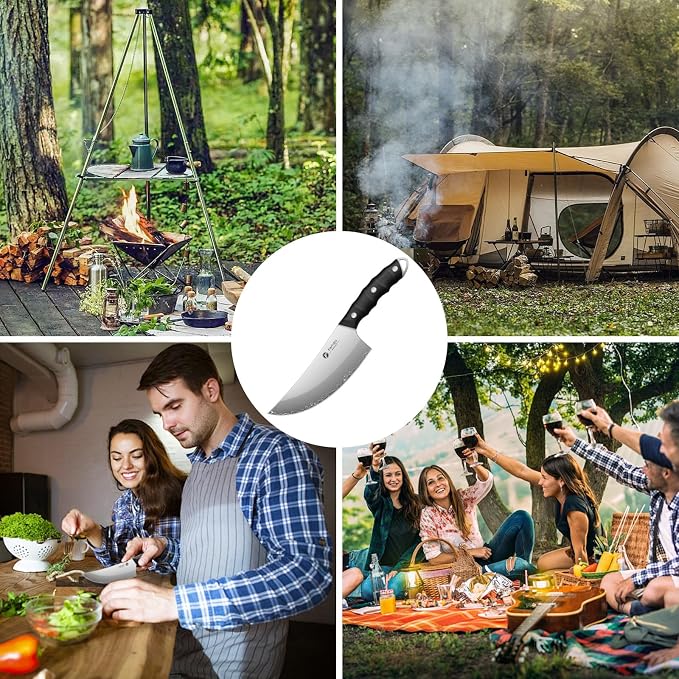 FINTISO Viking Butcher Knife, 6.9 Inch Hand Forged Meat Cleaver Knife with 5-Layer High Carbon Stainless Steel, Full Tang G10 Handle, Ideal for Kitchen, BBQ, Camping & Outdoor Cooking