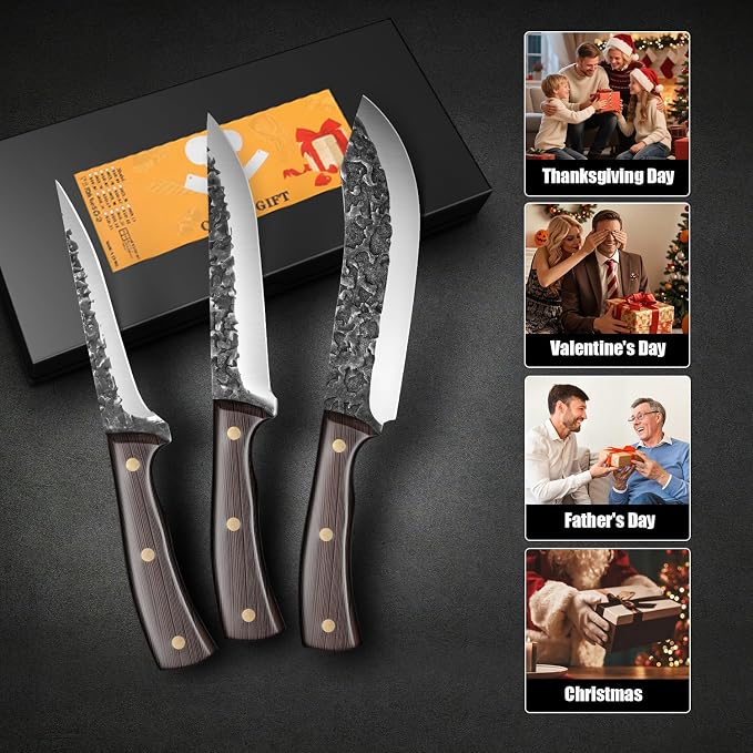 Chef Knife set 3Pcs, Professional Kitchen Knives, Sharp Butcher knife sets, Hand-forged High Carbon Steel Fillet Knife Meat Cleaver Viking Boning knife for Cooking, Gift Box