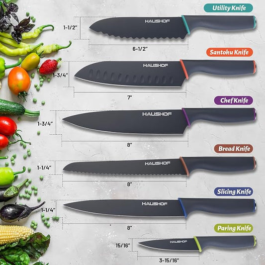 HAUSHOF Kitchen Knife Set, 12-Piece Knives Set with 6 colorful Sheaths, Non-Stick Coated Stainless Steel Blades for Slicing, Dicing&Cutting, Gifts Knife Set for Dad, Mom, Husband and Wife