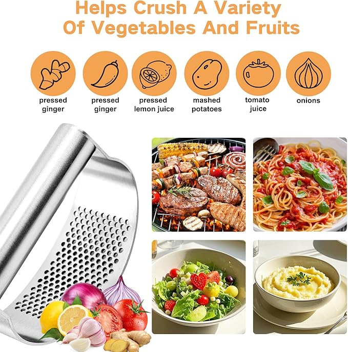 316 Stainless Steel Garlic Press Rocker, Ergonomic Garlic Crusher with Handle, Heavy Duty Dishwasher Safe Garlic Mincer, Rust Proof Kitchen Tool for Ginger, Herbs